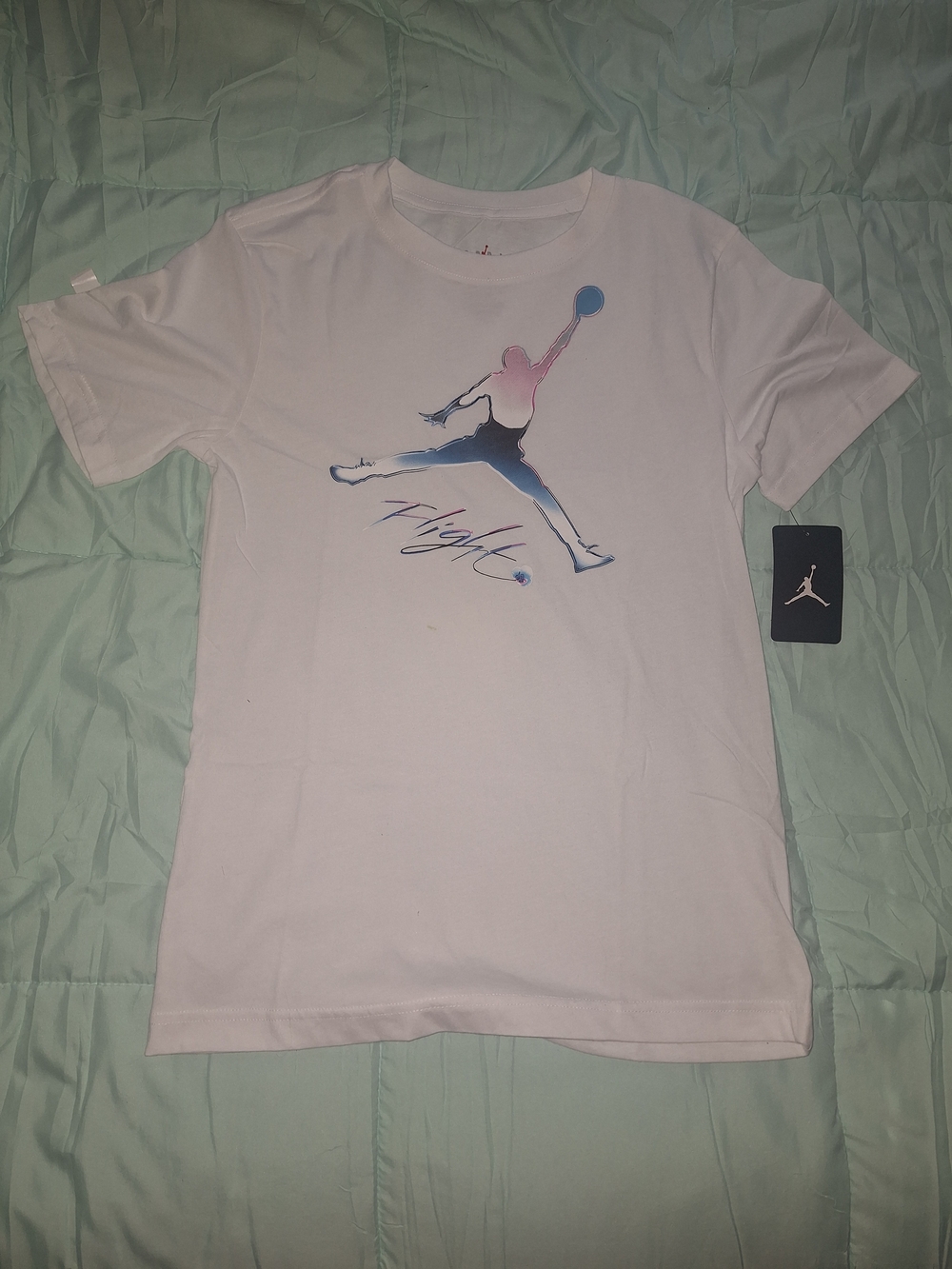 Jordan White Short Sleeve Tee with Blue and Pink Gradient Jumpman